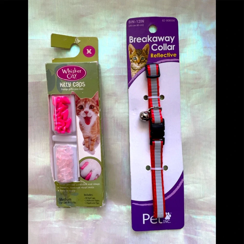 WHISKER CITY 40 KITTY CAPS & BREAKAWAY ADJUSTABLE CAT COLLAR REFLECTIVE NEW